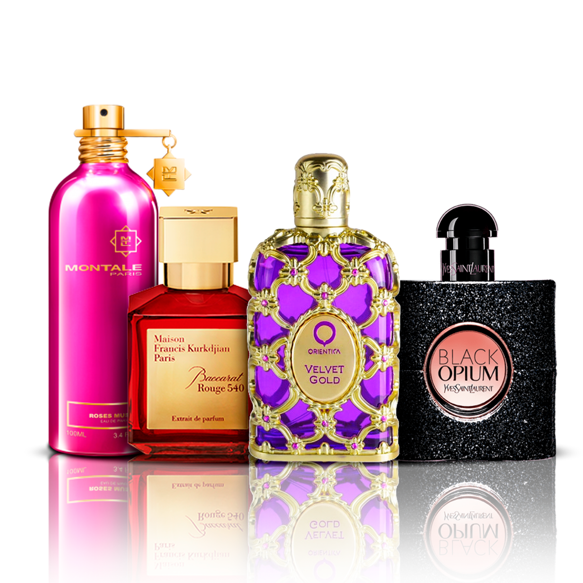 Set 4 Profumi | Orientica Velvet Gold + Baccarat Rouge + Black Opium + Montale Roses Musk 100 ml