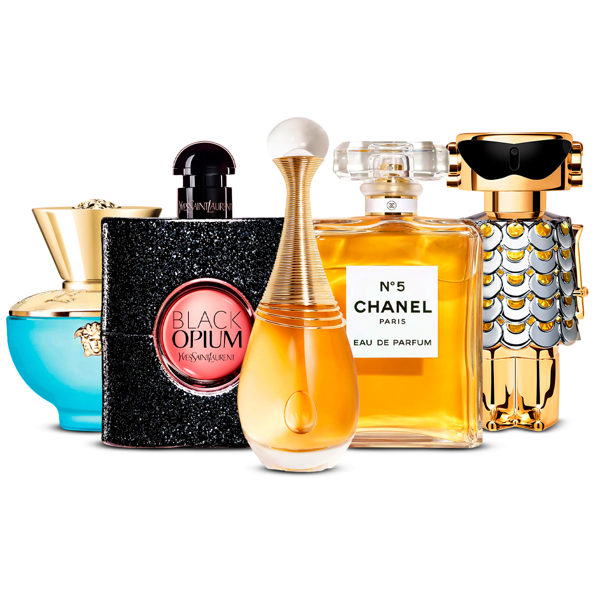 Set 5 Profumi  – Versace Dylan Turquoise, Black Opium, J'adore, Chanel Nº5 i Fame  [100 ml ciascuno]